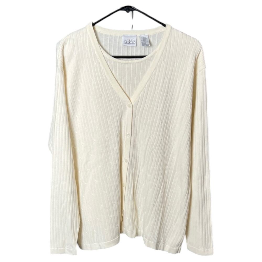 Vintage 90s Liz Claiborne Villager Ivory Ribbed Faux Twinset Cardigan Size 1/XL